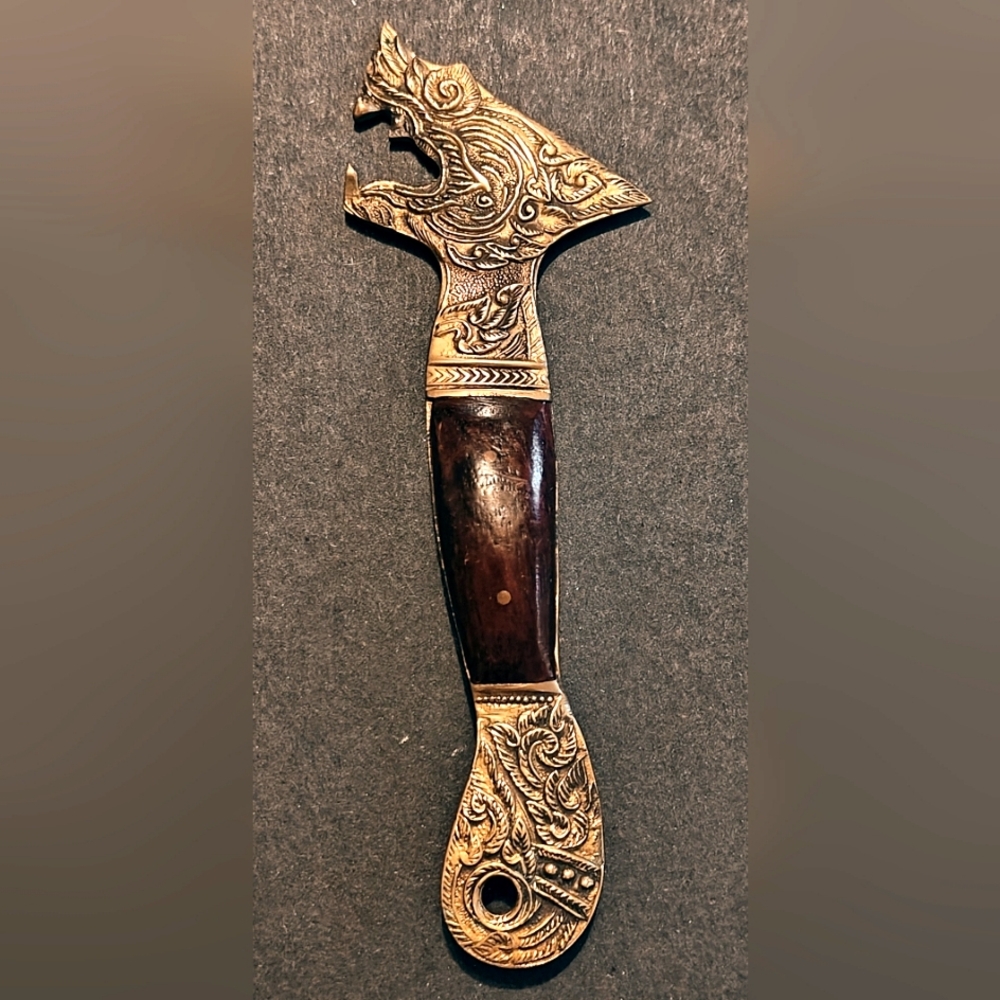 Vintage Thailand Bronze Lion Head Bottle Opener w/Rosewood Handle